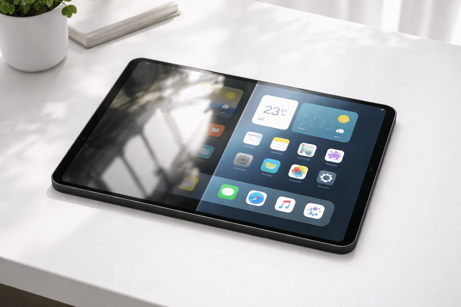 タブレット画面の片側反射あり・片側反射なしの画像